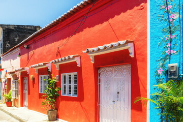 typical colorful facade of houses in district Getsemani of Cartagena de Indias, Colombia, South America