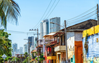 typical colorful facade of houses in district Getsemani of Cartagena de Indias, Colombia, South America