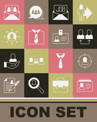 Set Resume, Head hunting, Exchange work, Search job, Tie, Multitasking manager working, Project team base and Identification badge icon. Vector