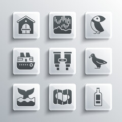 Set Map of Iceland, Bottle vodka, Albatross, Binoculars, Whale tail, Cruise ship, Farm house and icon. Vector