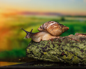 A large Akhata snail in natural conditions is looking for food