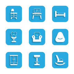 Set Armchair, Chair, Rocking, Pouf, Wardrobe, Bed and Nightstand with lamp icon. Vector