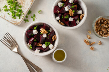 Beetroot salad with feta cheese and walnuts, top view