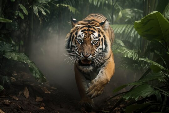 Enraged tiger growling and sprinting towards its target, wildlife, action shot, with generative AI technology