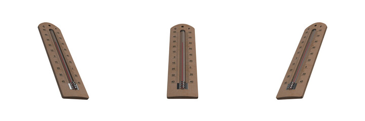 household thermometer on a wooden base, transparent background, left, front and right view (3d render)