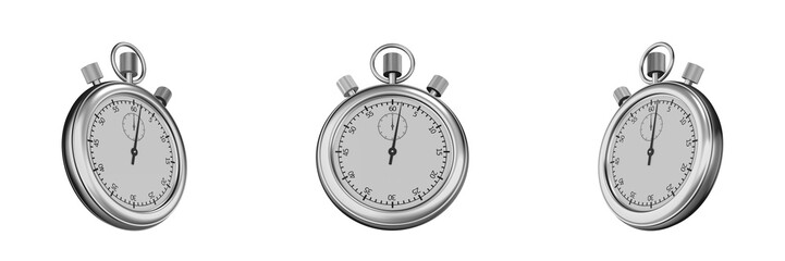 vintage stopwatch on transparent background, left, front and right view (3d render)