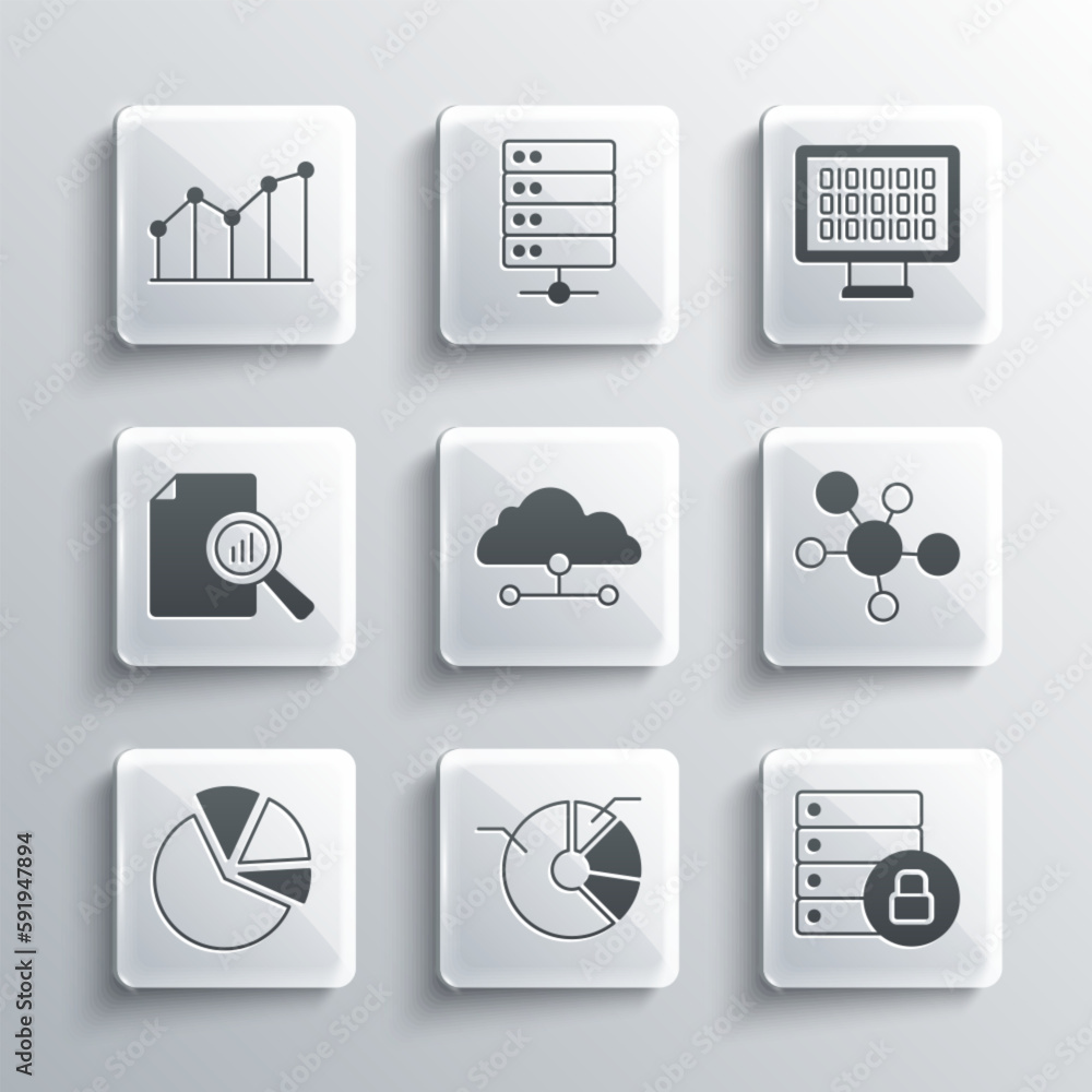 Aufkleber set pie chart infographic, server security with padlock, mind map, network cloud connection, documen