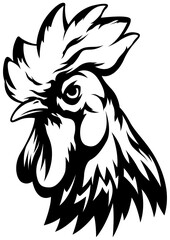 Head of rooster. Cock abstract character illustration. Graphic logo designs template for emblem. Image of portrait for company use.