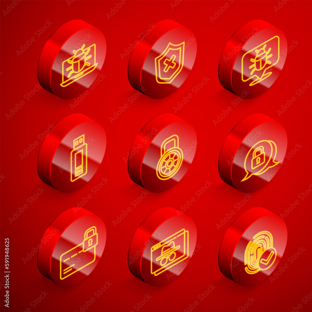 Poster set line system bug on monitor, shield with cross mark, usb flash drive, safe combination lock, cybe