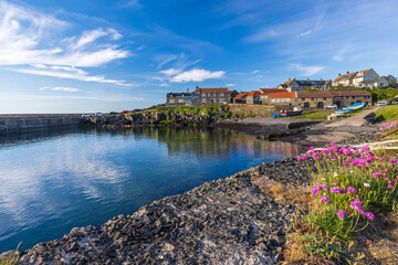 The small fishing village of Craster, with its picturesque harbour, on the coast of Northumberland,...