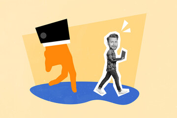 Creative retro 3d magazine collage image of stressed guy leading big boss arm isolated painting...