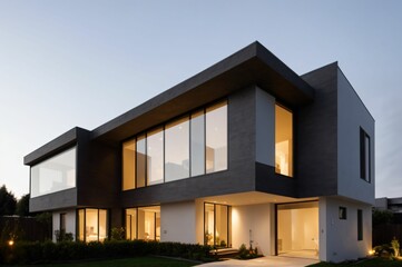 Fototapeta premium Glass House Concept, White and Black in Color, Dusk ambiance, AI Generated