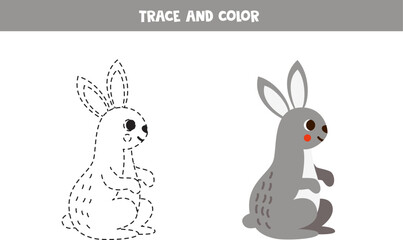 Fototapeta premium Trace and color cartoon gray hare. Worksheet for children.