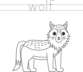 Trace the letters and color cartoon wolf. Handwriting practice for kids.