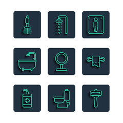 Set line Hand sanitizer bottle, Toilet bowl, Shaving razor, Male toilet, Round makeup mirror, Bathtub, brush and paper roll icon. Vector