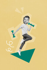 Collage 3d pinup pop retro sketch image of funky funny guy jumping practicing sport isolated painting background