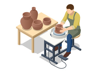 Isometric Pottery workshop. Potter's wheel. Pottery studio, pottery hobby. Handcrafted earthenware.