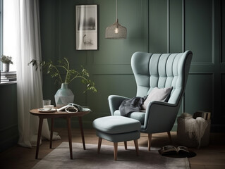 A comfortable and stylish armchair, perfect for reading or watching television. Has a soft cushion and comes in a soft color combination. Sunlight enters the room through the window.