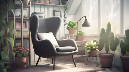 A comfortable and stylish armchair, perfect for reading or watching television. Has a soft cushion and comes in a soft color combination. Sunlight enters the room through the window.