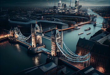 London cityscape with Tower Bridge and skyscrapers. Generative AI