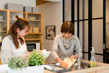 キッチンで食器の洗い物をする母と娘の2人 © chachamal