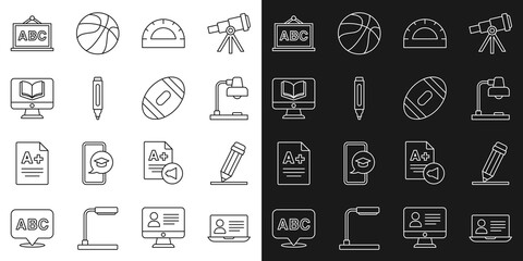 Set line Online class, Pencil with eraser, Table lamp, Protractor grid, Marker pen, Chalkboard and American Football ball icon. Vector - Powered by Adobe