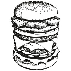 burger sketchy, graphic portrait of a burger on a white background, hamburger