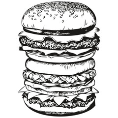 burger sketchy, graphic portrait of a burger on a white background, hamburger