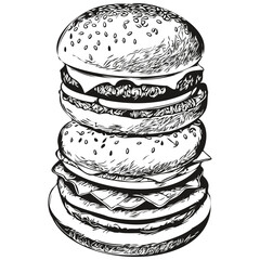 burger sketchy, graphic portrait of a burger on a white background, hamburger
