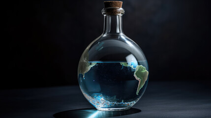 Big glass bottle filled with the earth planet as a symbol for global problems arround the world. Generative AI.