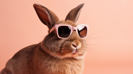 Portrait of a brown rabbit wearing a pink sunglass sitting in front of an orange background. Generative AI.