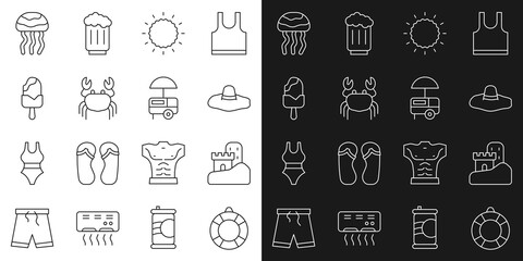Set line Lifebuoy, Sand castle, Elegant women hat, Sun, Crab, Ice cream, Jellyfish and Fast street food cart icon. Vector