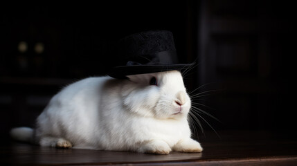 White rabbit wearing a black hat and lying on a table. Generative AI.