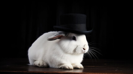 White rabbit waring a black hat and sitting on a black table. Generative AI.