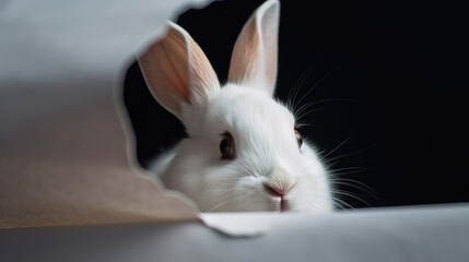 Naklejka premium Portrait photo of a fluffy white rabbit. Generative AI.