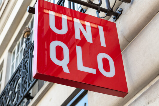London. UK- 04.09.2023. The name sign for the retail company Uniqlo on the facade of its Regent Street store.