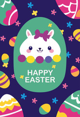 easter card with blue background and eggs and bunny