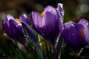 Close-up of a cluster of dew-covered, purple crocus flowers emerging from the ground, their petals adorned with delicate water droplets that sparkle in the morning sunlight.