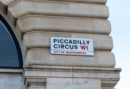 A street sign for Piccadilly Circus in Westminster, London, United Kingdom. A famous tourist destination.