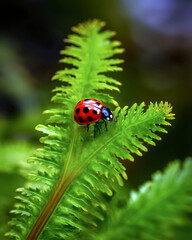 Close-up of a ladybug crawling along the edge of a bright green, curled fern frond, the vivid red and black insect contrasting against the lush spring foliage.