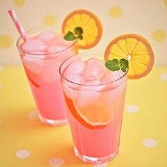 Pink lemonade with a lemon garnish on a  bright and cheerful summer background