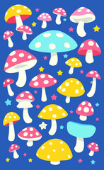 Funny pastel cartoon mushrooms vector illustration background 