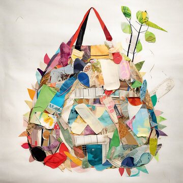 recycle bag collage, creative eco-artwork, mixed media, generative AI