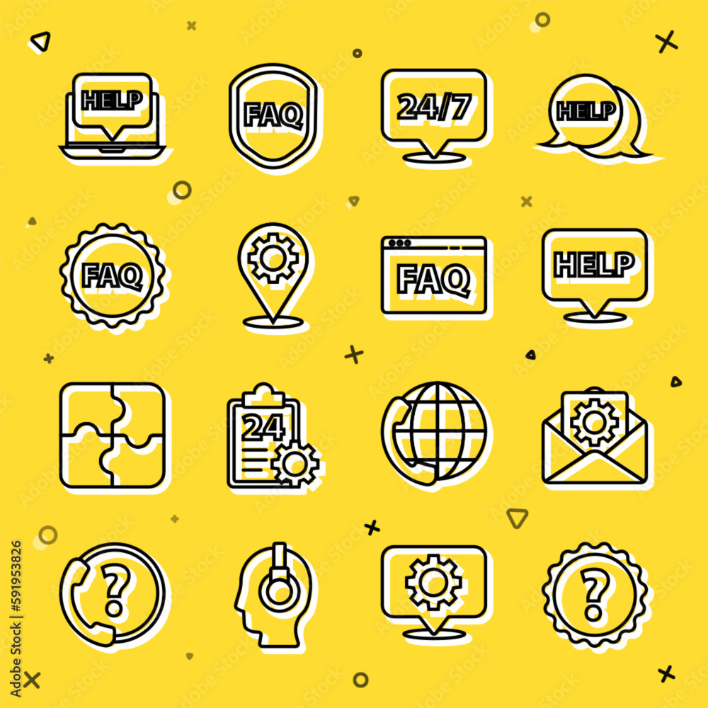 Poster set line question mark, envelope setting, speech bubble with text help, clock 24 hours, location gea