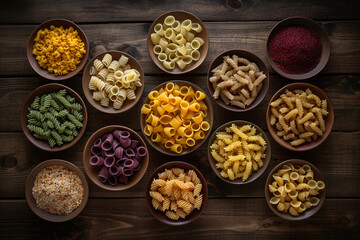 Obraz na płótnie Canvas different varieties of pasta lie in plates on a wooden surface top view,texture background. natural healthy food, vegan diet. Natural healthy food, vegan diet. Generative AI