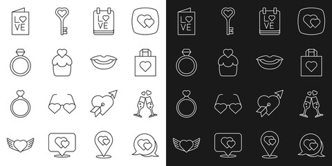 Set line Heart in speech bubble, Glass of champagne, Shopping bag with heart, Calendar February 14, Wedding cake, rings, Valentines day party flyer and Smiling lips icon. Vector