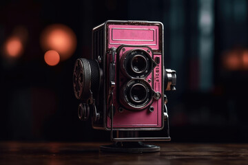 A retro pink camera rests on a tabletop, waiting to capture the next memory. The blurred background creates a dreamy and nostalgic atmosphere. Generative AI, AI.