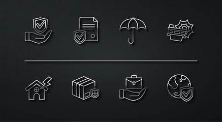 Set line Shield in hand, House lightning, Car accident, Hand holding briefcase, Delivery security with shield, Contract, world globe and Umbrella icon. Vector