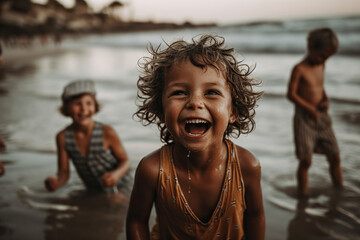 Photo of children having fun playing in the ocean waves at the beach