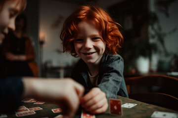 Fototapeta premium Photo of a boy enjoying a card game with a smile on his face